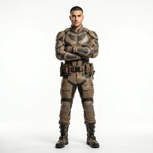 May include: A tan and black tactical suit featuring reinforced shoulder, chest, and forearm padding, a utility belt with multiple pouches, cargo-style trousers with knee protection, and matching high-top boots with adjustable buckle straps.