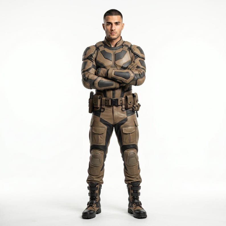 May include: A tan and black tactical suit featuring reinforced shoulder, chest, and forearm padding, a utility belt with multiple pouches, cargo-style trousers with knee protection, and matching high-top boots with adjustable buckle straps.