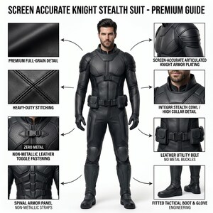 May include: A black stealth suit featuring articulated armor plating, a high collar, and a utility belt with pouches. The suit includes non-metallic toggle fastenings, heavy-duty stitching, and spinal armor panels. Text reads: SCREEN ACCURATE KNIGHT STEALTH SUIT - PREMIUM GUIDE.