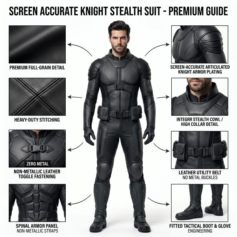 May include: A black stealth suit featuring articulated armor plating, a high collar, and a utility belt with pouches. The suit includes non-metallic toggle fastenings, heavy-duty stitching, and spinal armor panels. Text reads: SCREEN ACCURATE KNIGHT STEALTH SUIT - PREMIUM GUIDE.