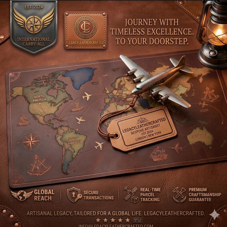 May include: A brown leather desk mat featuring a world map, a silver-toned airplane model, and a leather luggage tag labeled LEGACYLEATHERCRAFTED BESPOKE ARTISANRY EST 2024 LONDON | NEW YORK. The mat includes compass icons and flight paths.
