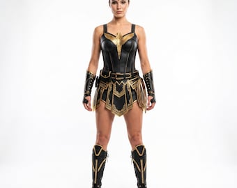 Black Gold Amazon Armor, Women's Leather Suit, Wonder Warrior Cosplay, Gladiator Skirt Outfit, Comic Con Costume, Custom Size Gear