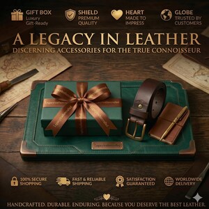 May include: A dark green leather desk mat with copper-toned corner accents, a dark green gift box tied with a brown ribbon, a dark brown leather belt with a brass buckle, and a small brown leather notebook with a gold-toned pen on top.