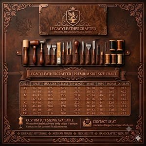 May include: A brown leather display featuring a set of leatherworking tools in a pocketed roll, including mallets, needles, and thread spools. Below, a suit size chart lists measurements in inches for sizes XS to 4XL, with brand text LegacyLeatherCrafted.