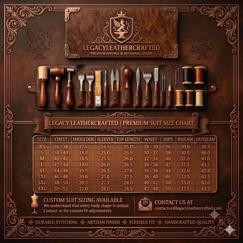 May include: A brown leather display featuring a set of leatherworking tools in a pocketed roll, including mallets, needles, and thread spools. Below, a suit size chart lists measurements in inches for sizes XS to 4XL, with brand text LegacyLeatherCrafted.