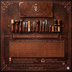 Op de afbeelding: Een bruin, leerachtig display met een gereedschapsorganizer met houten hamers, metalen stikbeitels en garenklosjes. Daaronder staat een Legacy Leathercrafted maattabel voor pakken met afmetingen in inches voor de maten XS tot 4XL.