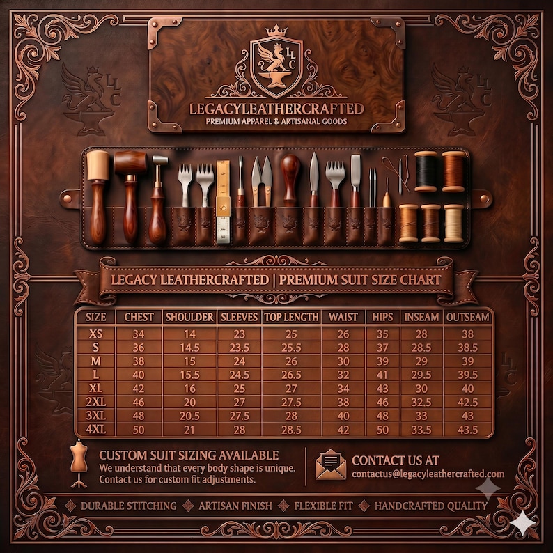 Op de afbeelding: Een bruin, leerachtig display met een gereedschapsorganizer met houten hamers, metalen stikbeitels en garenklosjes. Daaronder staat een Legacy Leathercrafted maattabel voor pakken met afmetingen in inches voor de maten XS tot 4XL.