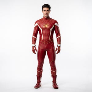 May include: A full-body red and white superhero suit featuring a gold spider emblem on the chest. The suit has a detailed web pattern across the upper torso and arms, white accents on the shoulders and boots, and a high collar design.