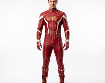 Red Webbed Superhero Leather Suit, Men's Arachnid Cosplay Costume, Comic Con Web Slinger Bodysuit, Custom Halloween Hero Armor