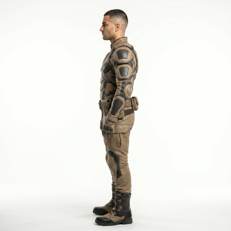 May include: A tan and black tactical jumpsuit featuring reinforced padding on the shoulders, elbows, and knees. The garment includes integrated gloves, a utility belt with pouches, and matching tan and black tactical boots, shown from a side profile.