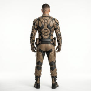 May include: A tan and black tactical suit featuring a structured back plate, reinforced shoulder and elbow padding, a utility belt with attached pouches, cargo-style trousers with knee reinforcements, and matching tan and black tactical boots.