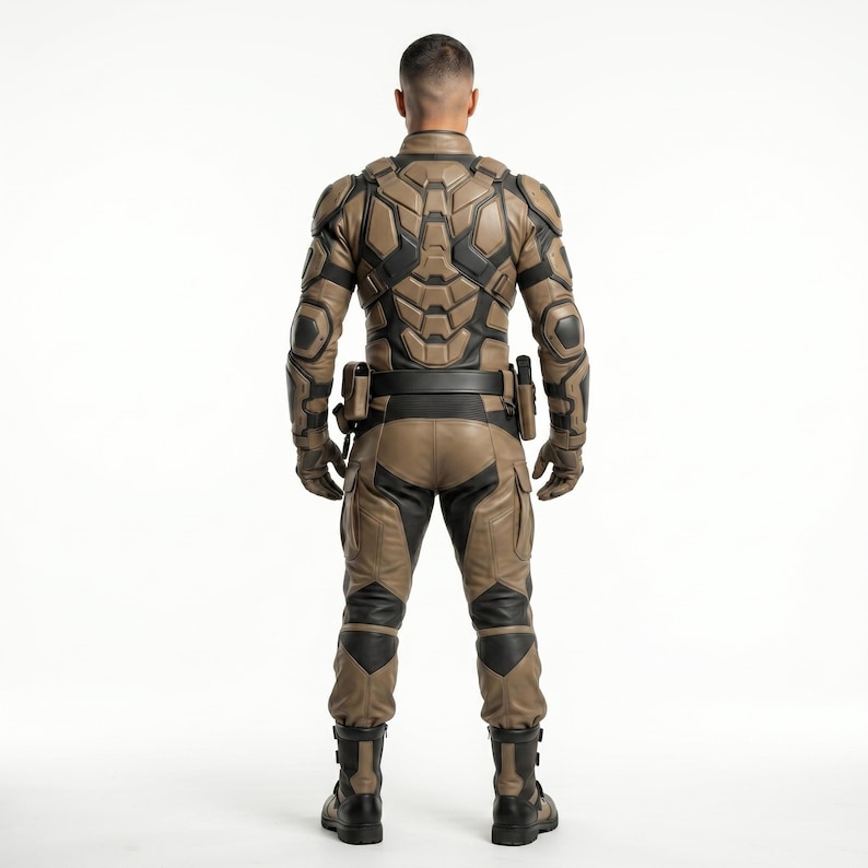 May include: A tan and black tactical suit featuring a structured back plate, reinforced shoulder and elbow padding, a utility belt with attached pouches, cargo-style trousers with knee reinforcements, and matching tan and black tactical boots.