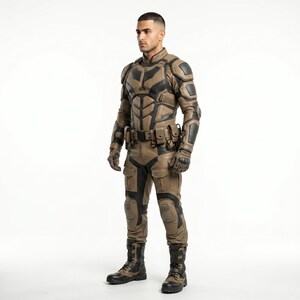 May include: A tan and black tactical suit featuring a structured chest plate, reinforced shoulder and elbow padding, a utility belt with multiple pouches, cargo-style trousers with knee protection, and matching high-top tactical boots.