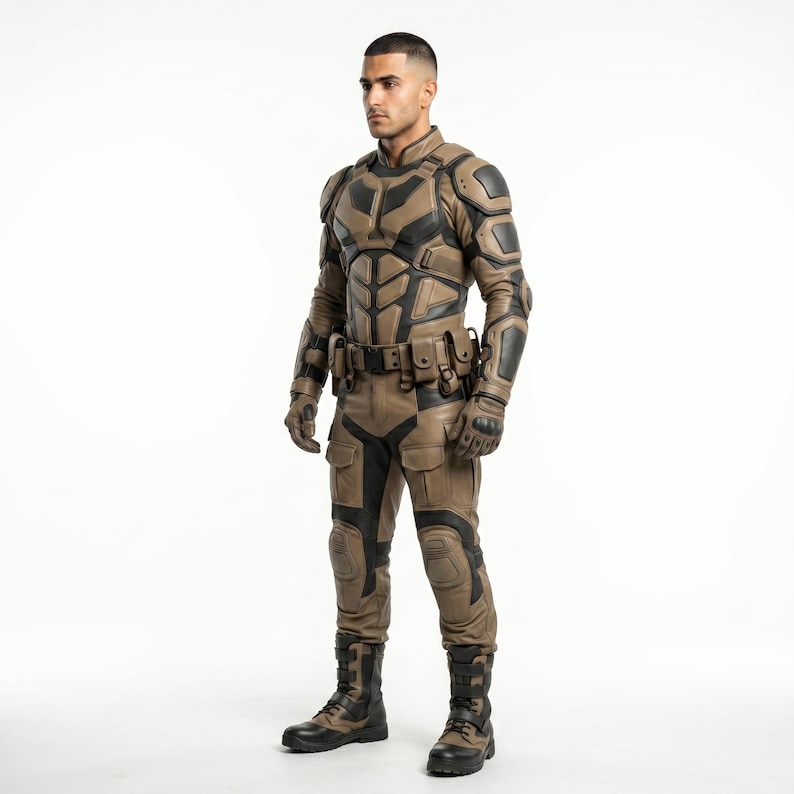 May include: A tan and black tactical suit featuring a structured chest plate, reinforced shoulder and elbow padding, a utility belt with multiple pouches, cargo-style trousers with knee protection, and matching high-top tactical boots.