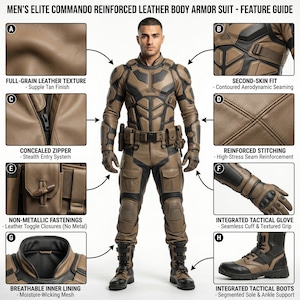 May include: A tan and black leather body armor suit featuring a full-grain leather texture, concealed zipper, non-metallic toggle closures, reinforced stitching, integrated tactical gloves, and tactical boots with a breathable inner lining.