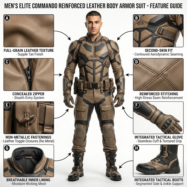 May include: A tan and black leather body armor suit featuring a full-grain leather texture, concealed zipper, non-metallic toggle closures, reinforced stitching, integrated tactical gloves, and tactical boots with a breathable inner lining.
