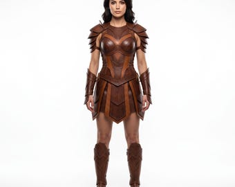 Valiant Goddess Suit, Women's Leather Armor, Amazon Warrior Cosplay, Brown Leather Bodice, Gladiator Skirt, Custom Size Heroine