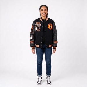 Jaqueta Varsity Feminina de Halloween | Jaqueta Bomber de Couro Assustadora | Moda Streetwear Personalizada para Doces ou Travessuras | Vestuário de Moda Outono