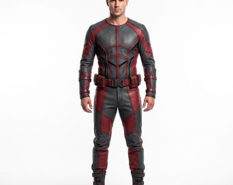 Dusk Charcoal Crimson Suit, Men's Spliced Leather Armor, Capeless Round Neck Cosplay, Comic Con Costume, Custom Size Outfit