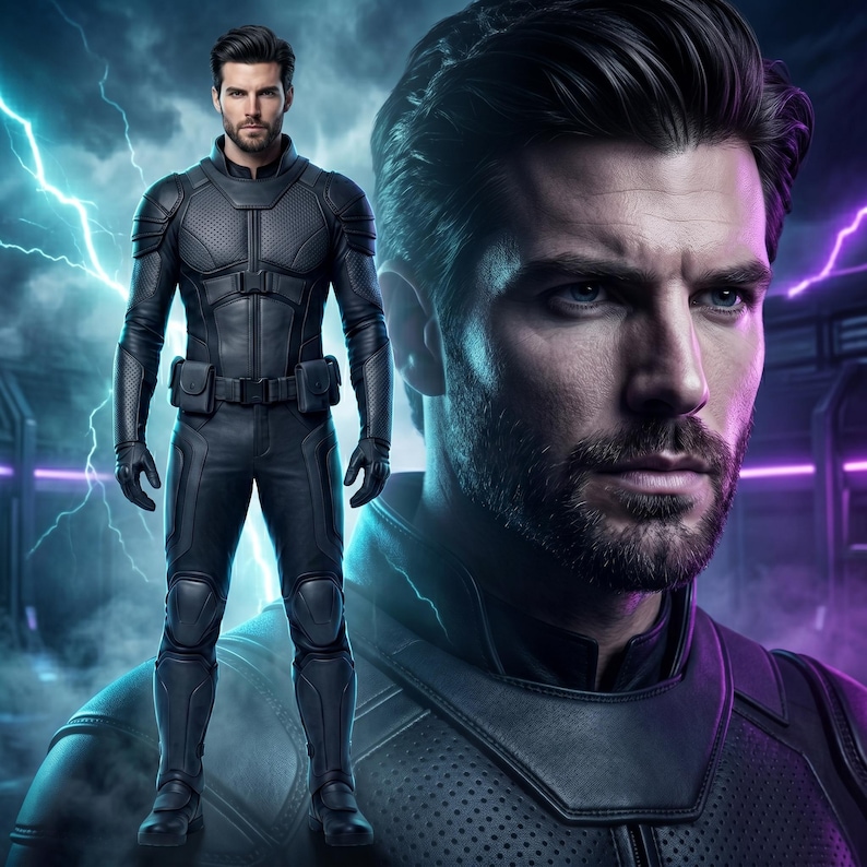 May include: A person with dark hair and a beard wearing a black tactical suit with textured panels, a high collar, and a utility belt with pouches. The suit features reinforced sections on the chest, shoulders, and knees, paired with matching gloves.