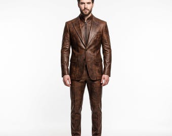 Men's Luxury Leather Suit | Burnt Umber Brown Suit | Bespoke Red Carpet Wear