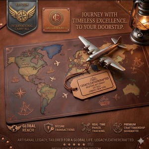 May include: A brown leather desk mat featuring a world map, a silver-toned airplane model, and a leather luggage tag labeled LEGACYLEATHERCRAFTED BESPOKE ARTISANRY EST 2024 LONDON | NEW YORK. The mat includes compass icons and flight paths.