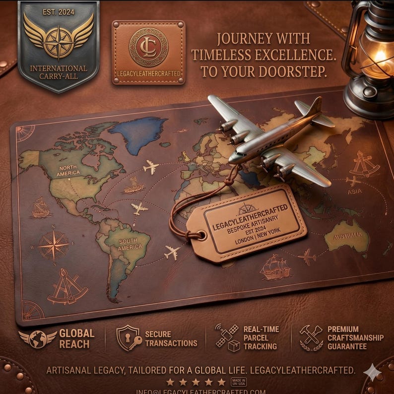 May include: A brown leather desk mat featuring a world map, a silver-toned airplane model, and a leather luggage tag labeled LEGACYLEATHERCRAFTED BESPOKE ARTISANRY EST 2024 LONDON | NEW YORK. The mat includes compass icons and flight paths.