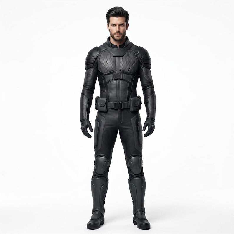 May include: A full-body black tactical suit featuring a high collar, textured chest panel, shoulder armor, and long sleeves. The outfit includes a utility belt with two side pouches, fitted trousers with reinforced knee pads, shin guards, and black gloves.