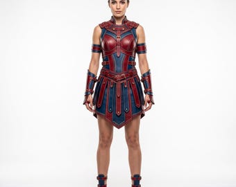 High-End Gladiator, Women's Leather Suit, Red Blue Armor, Amazon Warrior Gear, Comic Con Costume, Custom Size Cosplay, Clean Back Outfit