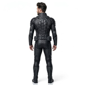 May include: A full-body black tactical suit featuring a structured back plate with segmented armor plating, shoulder pads, and a utility belt with two side pouches. The suit includes long sleeves, fitted trousers, and matching black boots.