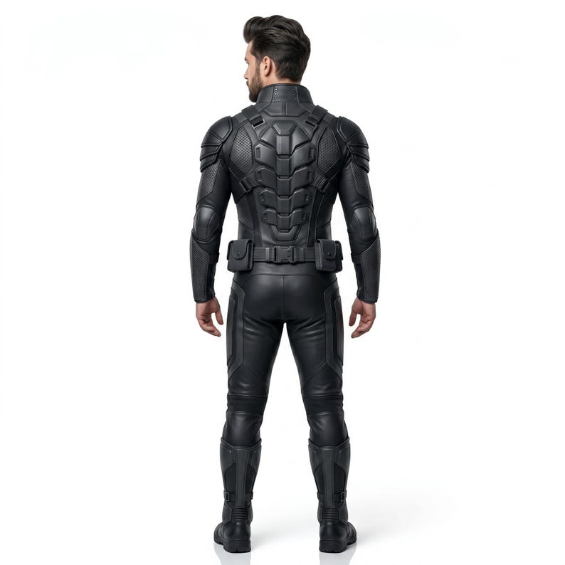 May include: A full-body black tactical suit featuring a structured back plate with segmented armor plating, shoulder pads, and a utility belt with two side pouches. The suit includes long sleeves, fitted trousers, and matching black boots.
