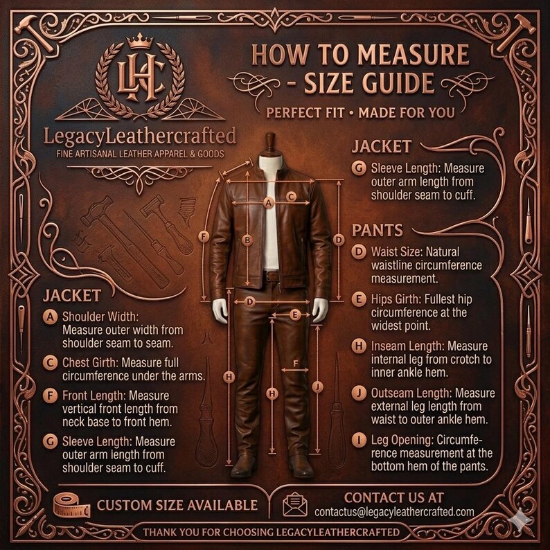 May include: A brown leather jacket and pants set displayed on a mannequin with a size guide infographic. The text includes HOW TO MEASURE - SIZE GUIDE, LegacyLeathercrafted, and instructions for measuring shoulder, chest, sleeve, waist, and leg lengths.