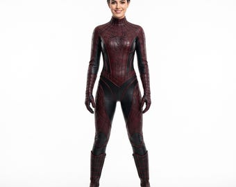 Red Black Spider Suit, Women's Zentai Leather, Web Pattern Bodysuit, Arachnid Cosplay Armor, Comic Con Costume, Custom Size Hero Gear