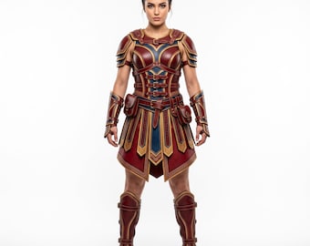 Heroic Gladiator Suit, Women's Leather Armor, Red Gold Blue Gear, Amazon Warrior Cosplay, Comic Con Costume, Custom Size Outfit