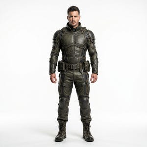 May include: A tactical olive green and black armored suit featuring a high collar, chest plating, shoulder guards, and forearm protectors. The ensemble includes a utility belt with attached pouches, reinforced trousers with knee pads, and dark boots.