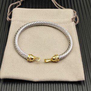 Two Tone Silver Gold Twisted Cable Hook Cuff Bracelet, Pave Crystal Horsebit Designer Inspired Bangle