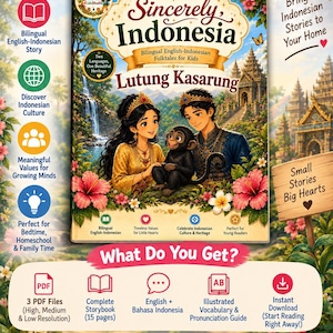 May include: A bilingual English-Indonesian children's storybook titled Sincerely Indonesia: Lutung Kasarung, featuring an illustration of a young couple and a small monkey in a lush landscape with temples, flowers, and text detailing digital download contents.