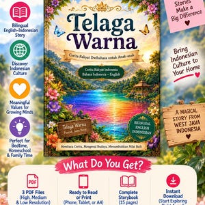 May include: A digital storybook cover titled Telaga Warna featuring a vibrant lake surrounded by lush mountains and colorful flowers. The text includes A Beautiful Indonesian Folktale for Curious Little Minds and details about a 15-page bilingual PDF download.