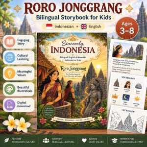 Puede incluir: Un libro de cuentos bilingüe para niños titulado Sincerely, Indonesia: Roro Jonggrang, con una portada ilustrada que muestra a una princesa, un príncipe y templos de piedra antiguos. Incluye tarjetas de vocabulario y páginas para colorear.