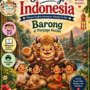 Può includere: Una copertina di libro intitolata Sincerely, Indonesia: Bilingual English-Indonesian Folktales for Kids, che mostra una grande creatura Barong pelosa e cornuta circondata da quattro bambini sorridenti in abiti tradizionali in un paesaggio tropicale.