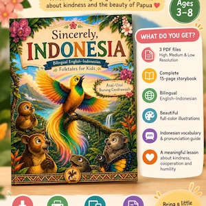 Può includere: Un libro di storie bilingue inglese-indonesiano intitolato Sincerely, Indonesia con un colorato uccello del paradiso, piccoli animali pelosi e una cascata. La copertina include testo su racconti popolari e dettagli sui file digitali.