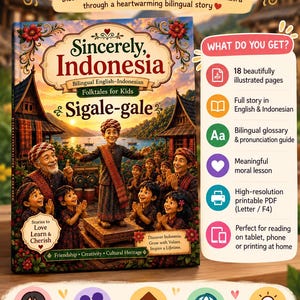 May include: A bilingual English-Indonesian children's book titled Sincerely, Indonesia: Sigale-gale, featuring an illustrated cover with a central figure standing on a wooden platform surrounded by people, with text detailing 18 printable PDF pages.