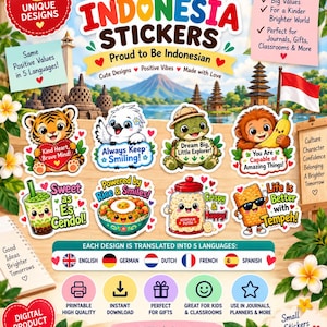 Op de afbeelding: Een digitaal productblad met acht unieke stickers met een Indonesisch thema, voorzien van schattige illustraties van dieren en eten. Elke sticker bevat positieve teksten zoals Kind Heart, Brave Mind en Always Keep Smiling.
