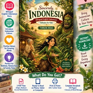 May include: A digital storybook cover titled Sincerely, Indonesia: Timun Mas, featuring a young person in green clothing, an elderly person, and a green giant. The text includes A Magical Indonesian Folktale for Curious Little Minds and What Do You Get? with icons for PDF files, reading, and printing.
