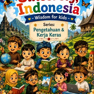 May include: A book cover titled Sincerely, Indonesia - Wisdom for Kids, featuring a group of diverse children in traditional Indonesian attire engaged in various learning activities like reading, painting, and using a globe against a landscape.