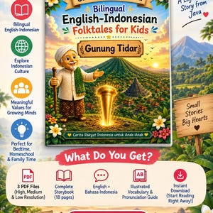May include: A bilingual English-Indonesian folktale book for children titled Sincerely, Indonesia: Bilingual English-Indonesian Folktales for Kids, featuring an illustration of a person with a staff and a golden cone in a mountainous landscape.