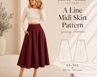 Linen Midi Skirt Sewing Pattern PDF, High Waist A-Line Skirt with Pockets, Beginner Women’s Pattern, A0 A4 US Letter