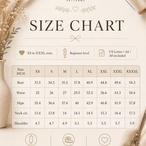 May include: A Ligne Noire Patterns size chart with a beige background, featuring a table with measurements in inches for sizes XS to XXXXL. The chart includes rows for bust, waist, hips, neck circumference, and shoulder measurements in inches.