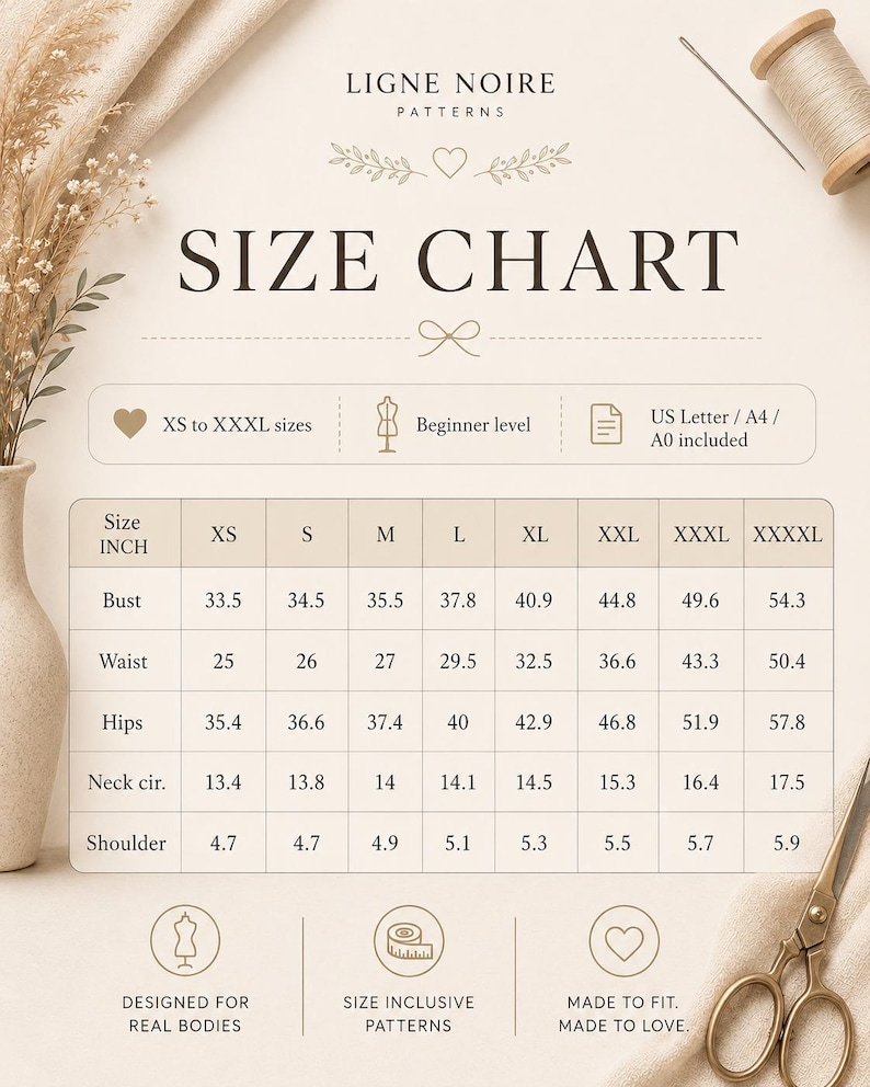 May include: A Ligne Noire Patterns size chart with a beige background, featuring a table with measurements in inches for sizes XS to XXXXL. The chart includes rows for bust, waist, hips, neck circumference, and shoulder measurements in inches.