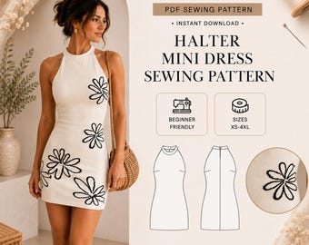 Halter Mini Dress Sewing Pattern PDF, Y2K Fitted Sundress Pattern, Bodycon Summer Dress, Beginner Sewing, A0 A4
